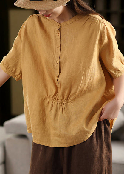 Yellow O Neck Wrinkled Linen Shirt Summer