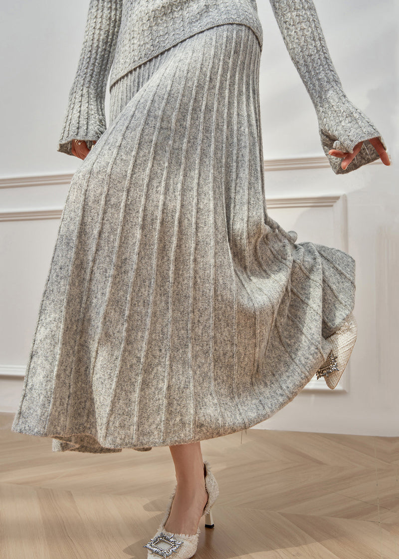 Grey O Neck Sweaters and Maxi Skirts Cable Knit Two Pieces Set Flare Sleeve