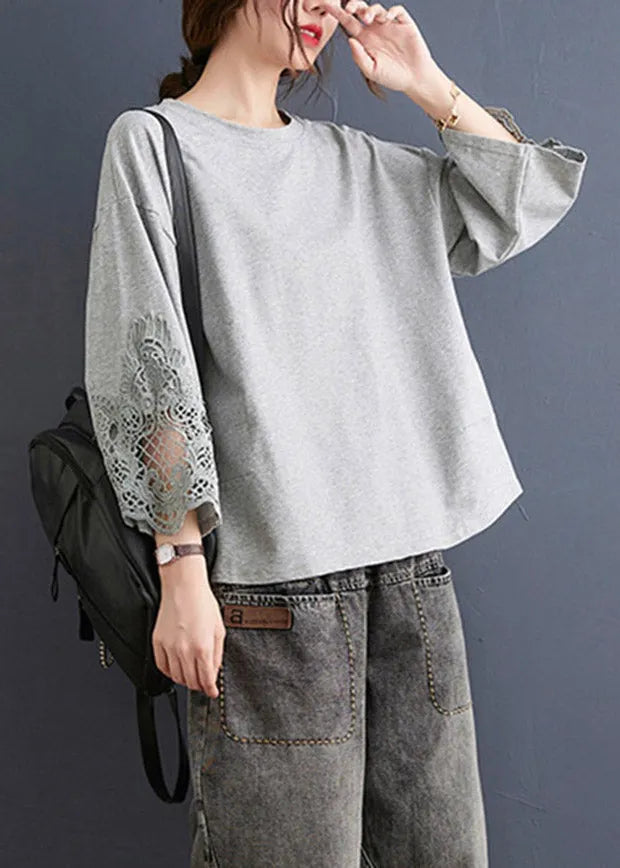 Grey Hollow Out Sweatshirts Top Ruffled Low High Design Three Quarter Sleeve