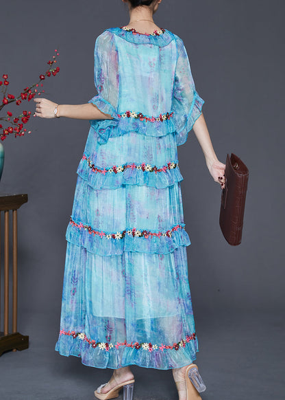 Modern Blue Ruffled Chiffon Robe Dresses Spring