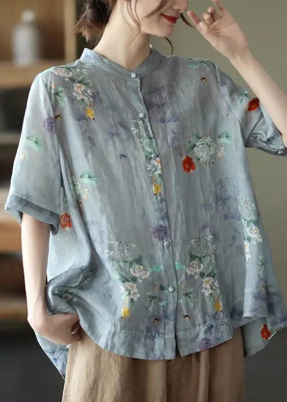 Pink Geometry Print Cotton Shirts Low High Design Short Sleeve