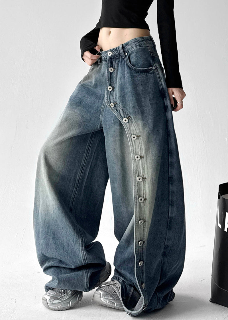 Grey Pockets Rivet Patchwork Denim Wide Leg Pants Fall