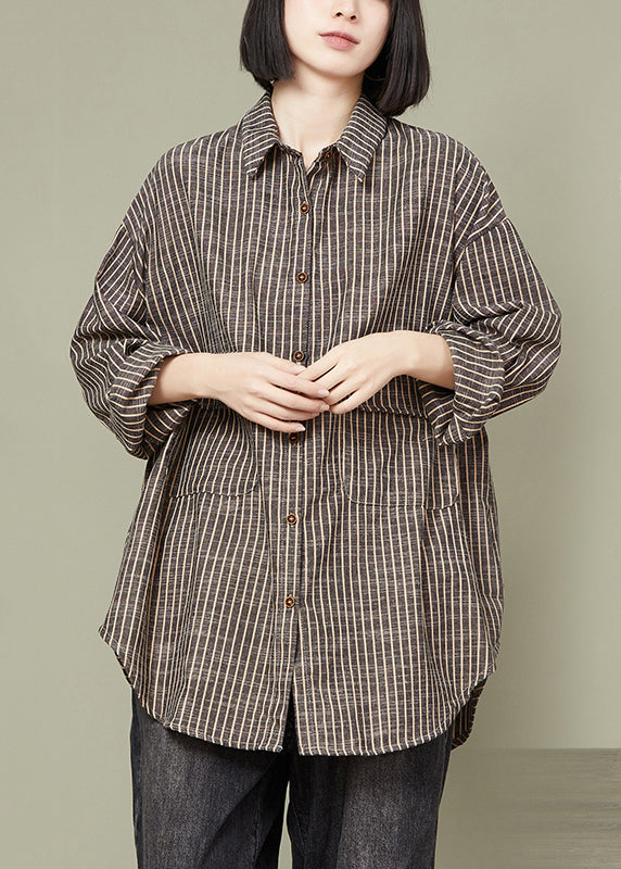 Grey Striped Button Cotton Blouse Tops Fall