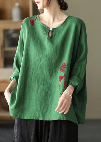Green Loose Embroideried Fall Linen Shirt Tops Long Sleeve