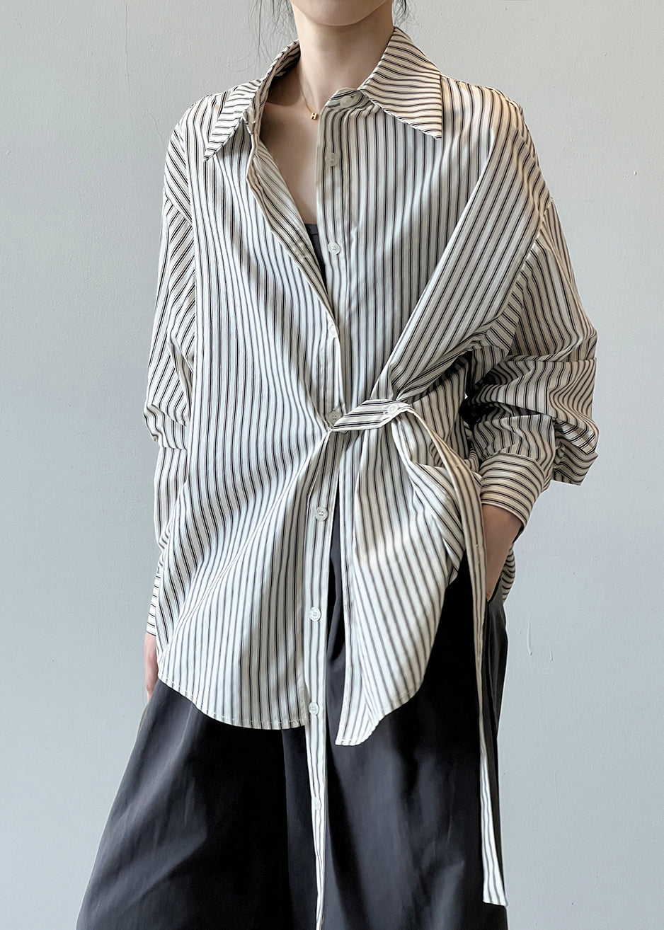 French Peter Pan Collar Striped Button Cotton Shirt Fall
