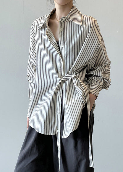 French Peter Pan Collar Striped Button Cotton Shirt Fall