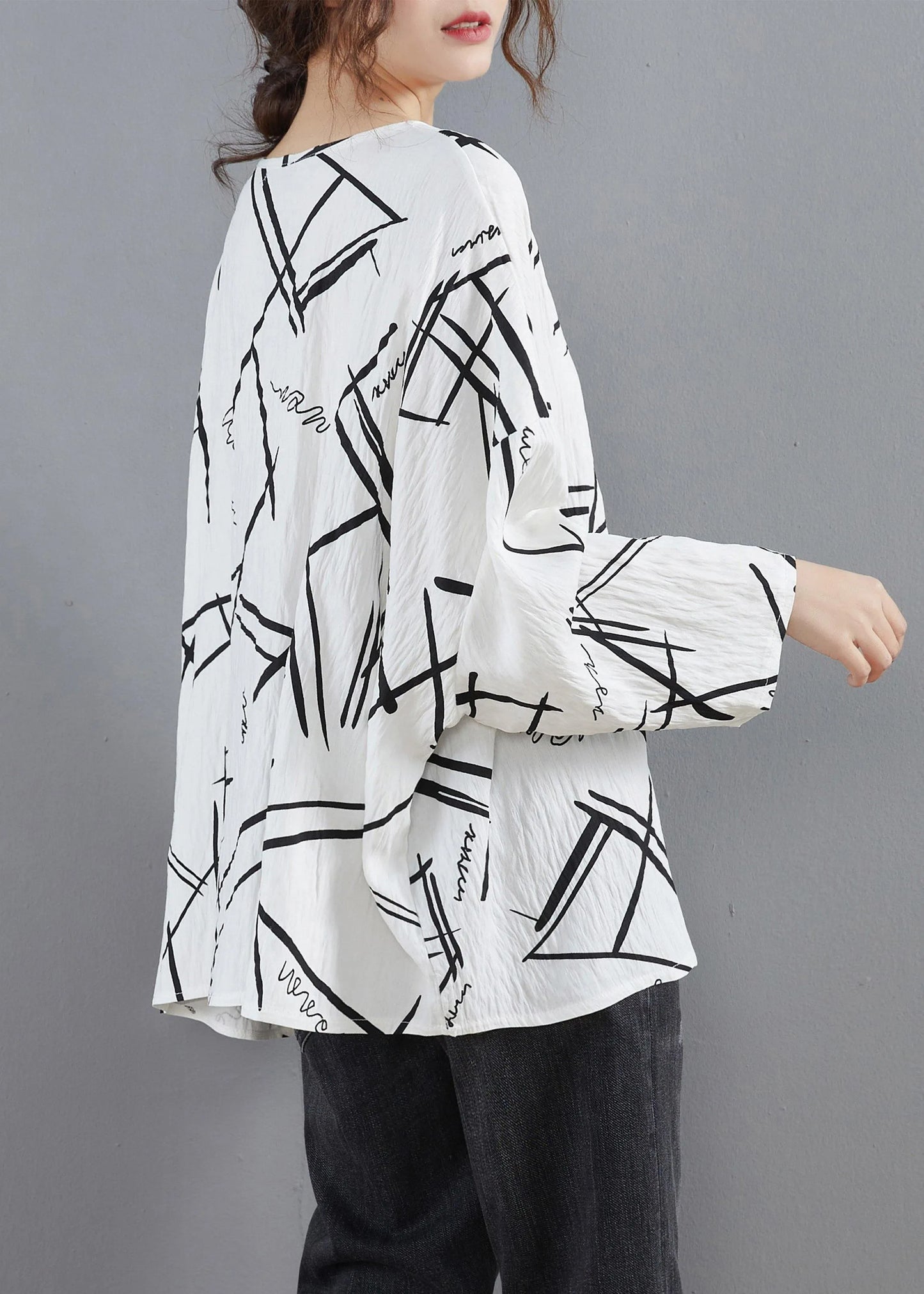 Simple O Neck Spring Design White Print Blouses