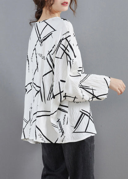 Simple O Neck Spring Design White Print Blouses