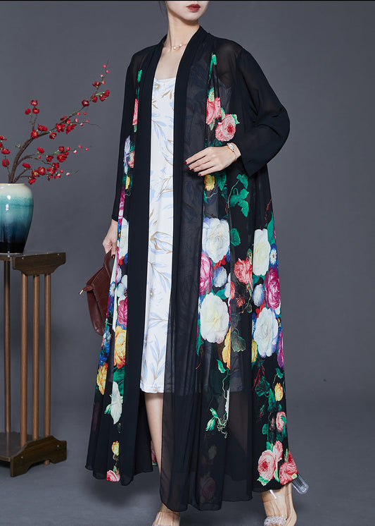 Fine Black Oversized Print Chiffon Upf 50+ Coat Cardigan Spring