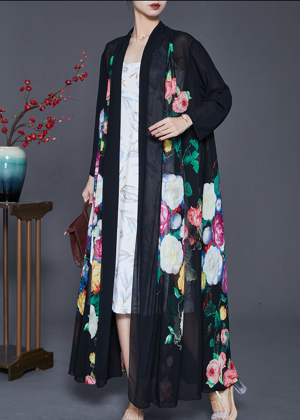 Fine Black Oversized Print Chiffon Upf 50+ Coat Cardigan Spring