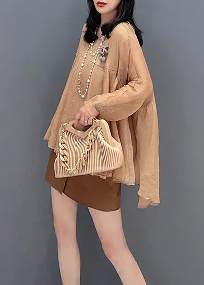 Loose Khaki O-neck Patchwork Tulle Tops Long Sleeve