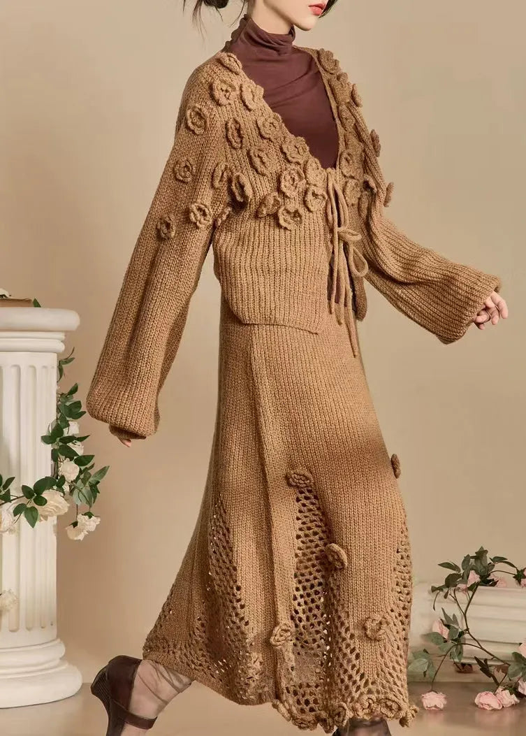 Dark Khaki Lace Up Hollow Out Knit Two Piece Set Spring