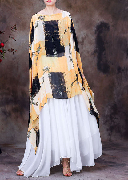 Yellow Black Print Chiffon Upf 50+ Top Asymmetrical Design Batwing Sleeve