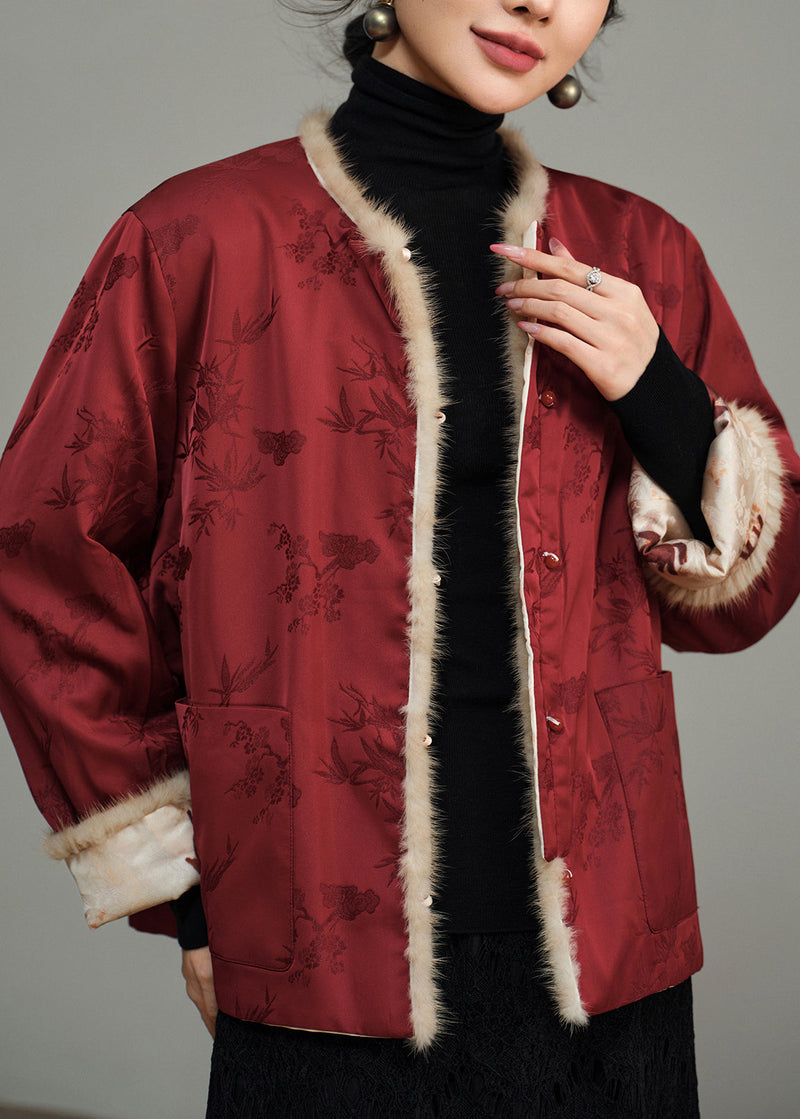 Chinese Style Wear on Both Sides Jacquard Fur Patchwork Coat Winter