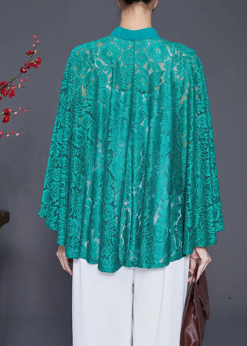 Green Hollow Out Lace Upf 50+ Smock Batwing Sleeve