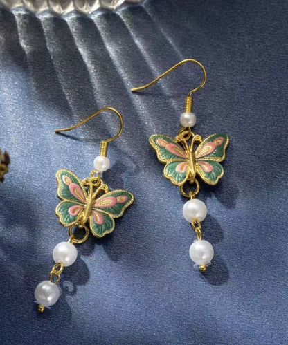 Retro Gold Sterling Silver Overgild Butterfly Enamel Tassel Drop Earrings