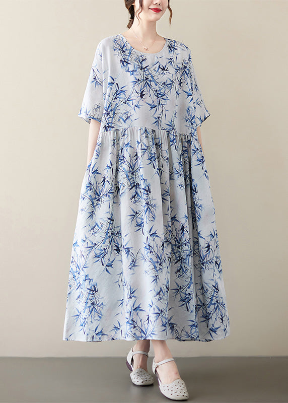 Blue Print Wrinkled Patchwork Robe Dresses Summer