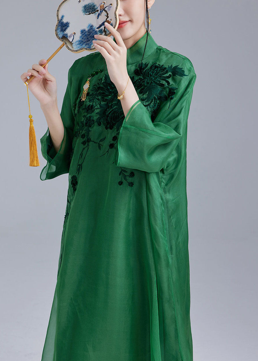 Fine Green Mandarin Collar Embroideried Tulle Silk a Line Dress Bracelet Sleeve Summer