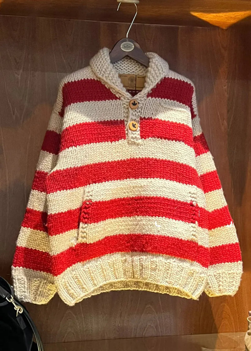 Red Oversized Striped Knit Sweaters Winter