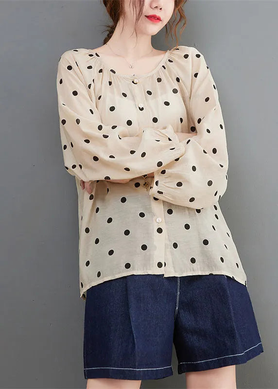 Apricot Loose Button Print Fall Dot Long Sleeve Tops