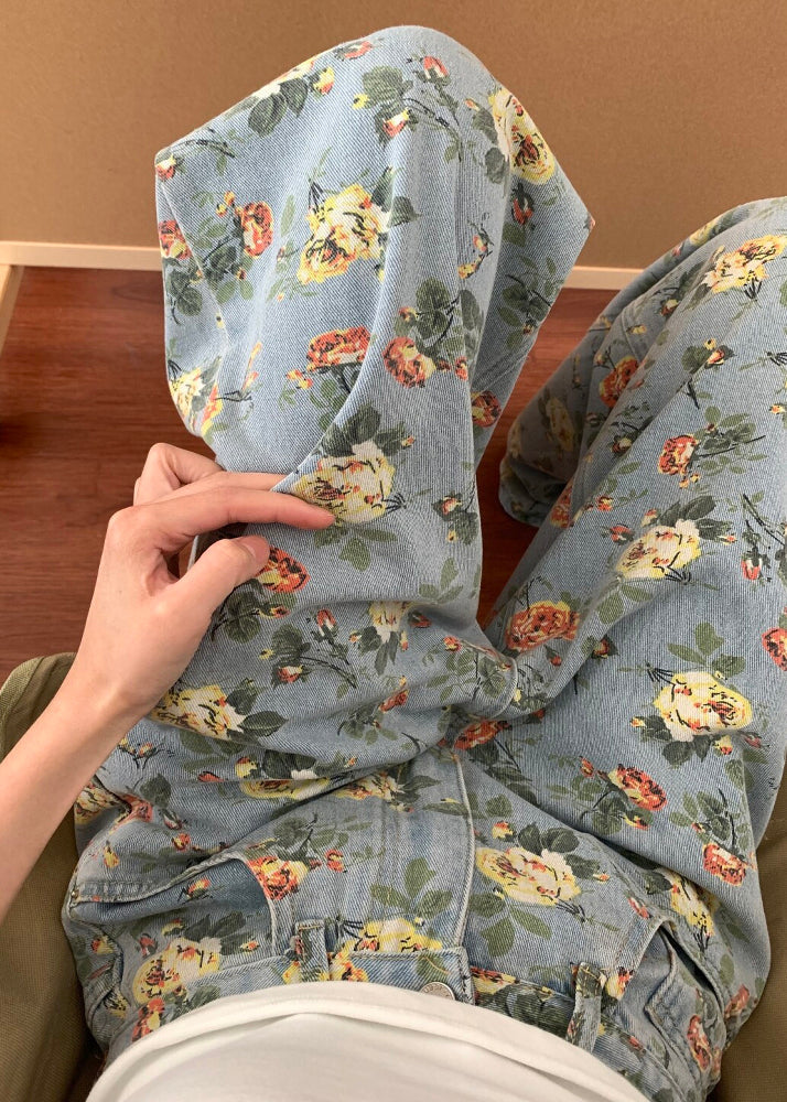Blue Flower Print Denim Wide Leg Pants Fall