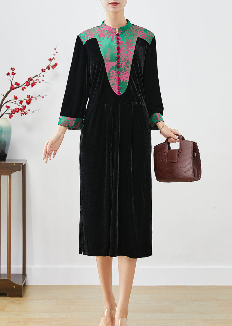 Black Mandarin Collar Patchwork Silk Velour Dresses Fall