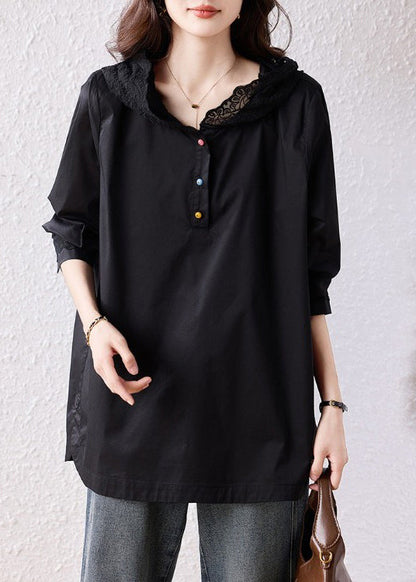 Natural Black Hooded Lace Patchwork Cotton Pullover Sweatshirt Fall