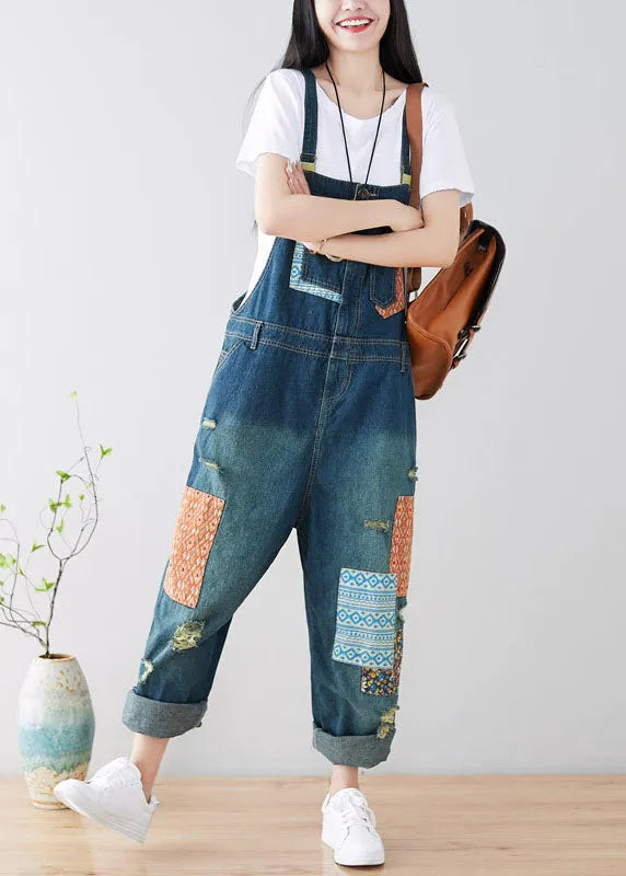 Art Blue Pockets Patchwork Ripped Denim Jumpsuit Spring