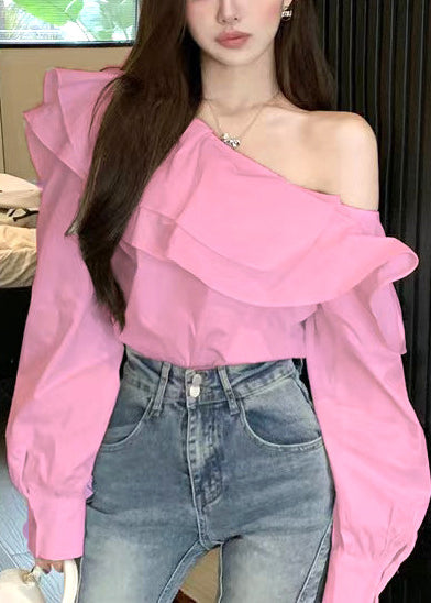 Fluorescent Green Ruffled Cotton One Shoulder Blouses Fall