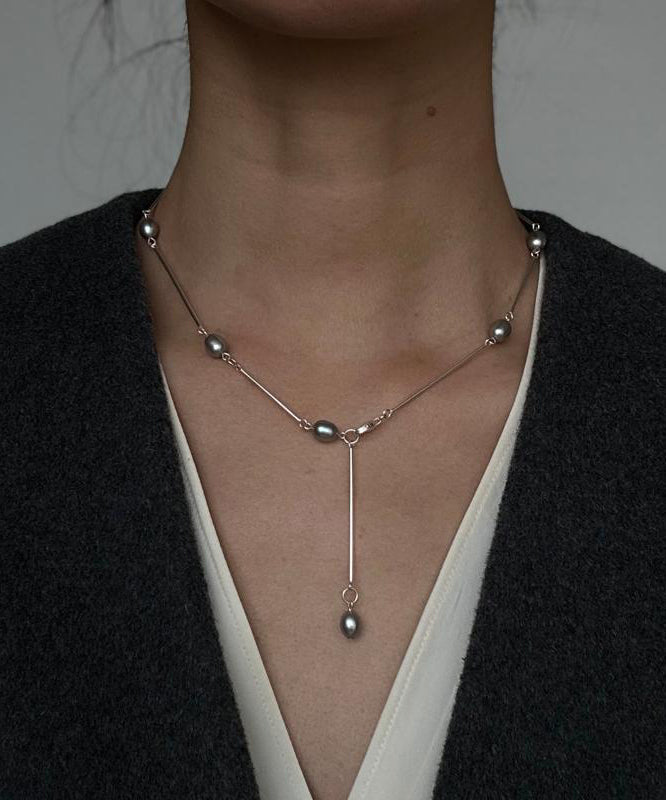 Silk Stainless Steel Pearl Lariat Necklace