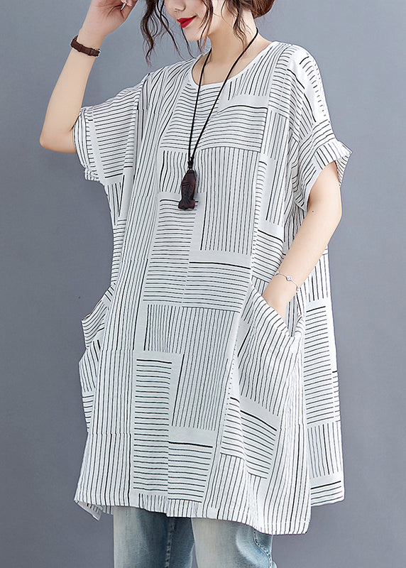 White O-neck Striped Linen Tank Tops Short Sleeve