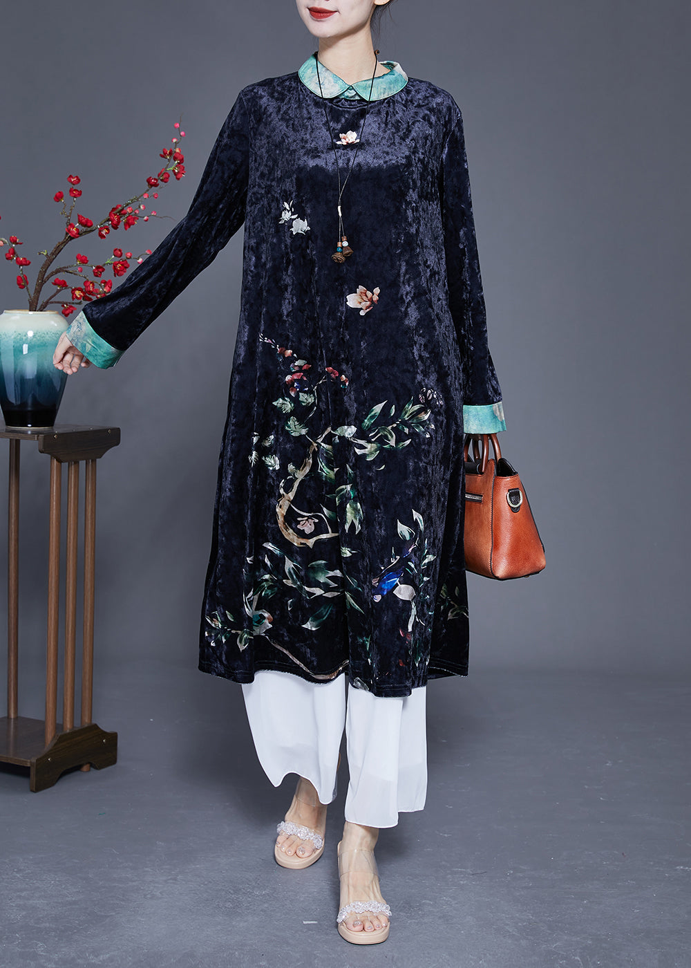 Black Print Patchwork Silk Velour Vacation Dresses Spring