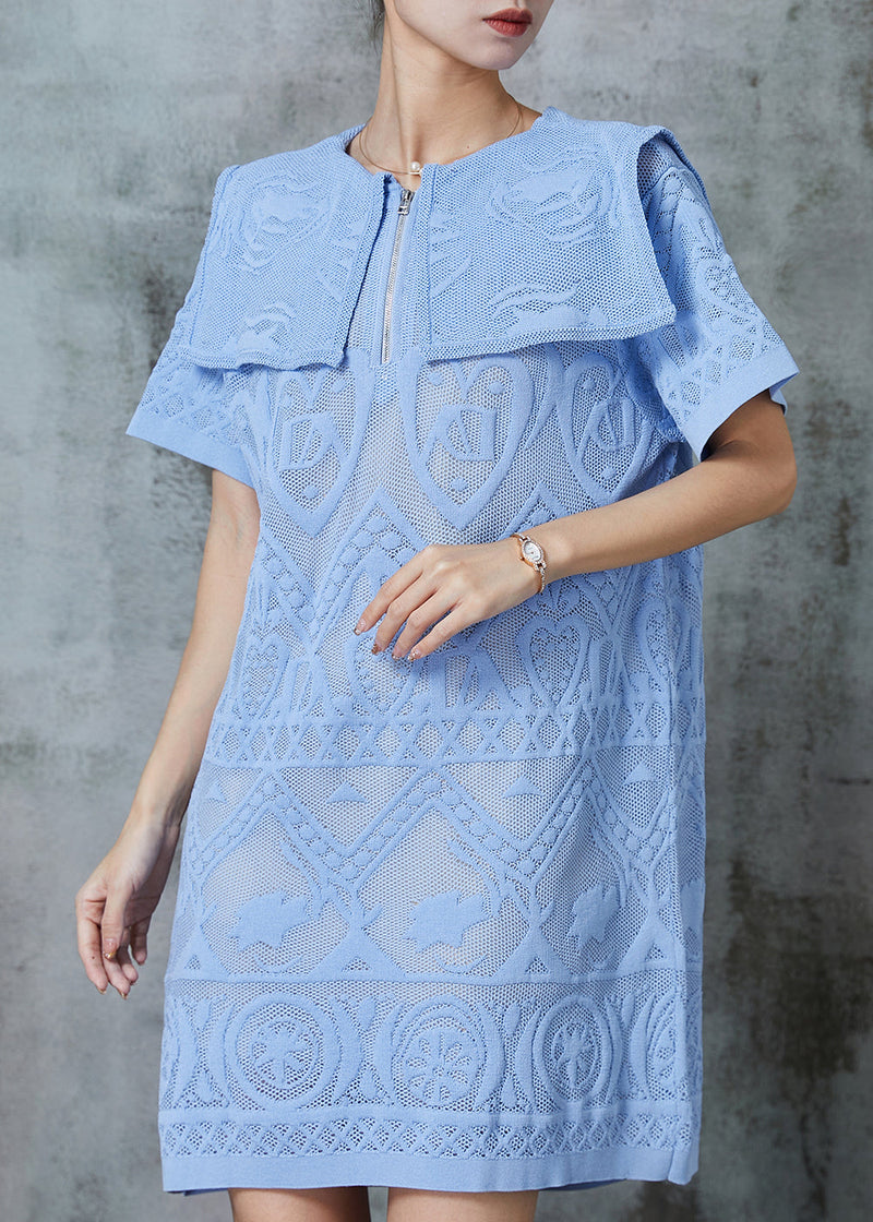 Sky Blue Sailor Collar Embroidered Lace Dress Summer