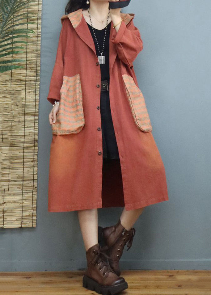 Orange Hooded Pockets Patchwork Cotton Coats Fall