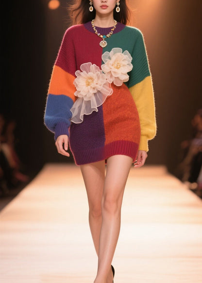 Colorblock O Neck Knit Sweaters Tops Fall