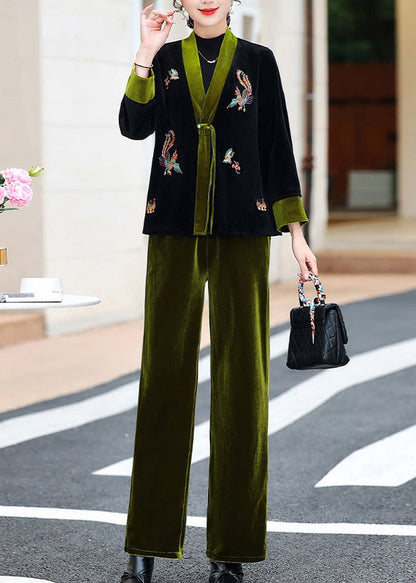 Green V Neck Embroideried Silk Velour Coats and Pants Two Piece Set Fall