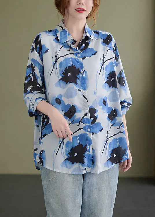 Blue Peterpan Collar Button Print Fall Tops Long Sleeve
