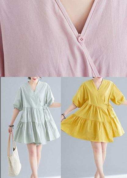 Pink V Neck Cinched Ankle Summer Cotton Dress