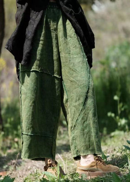 Green Pockets Elastic Waist Linen Crop Pants Summer