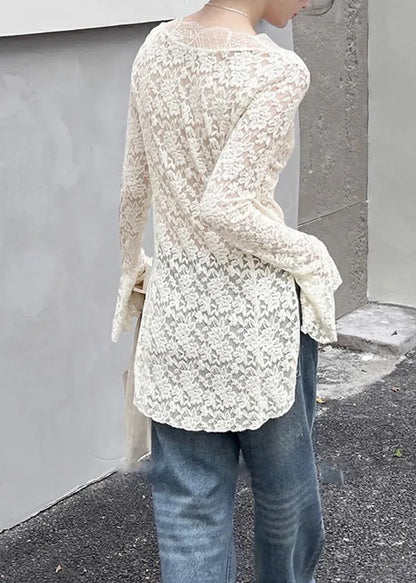 Slim Fit White V Neck Hollow Out Lace Top Flare Sleeve