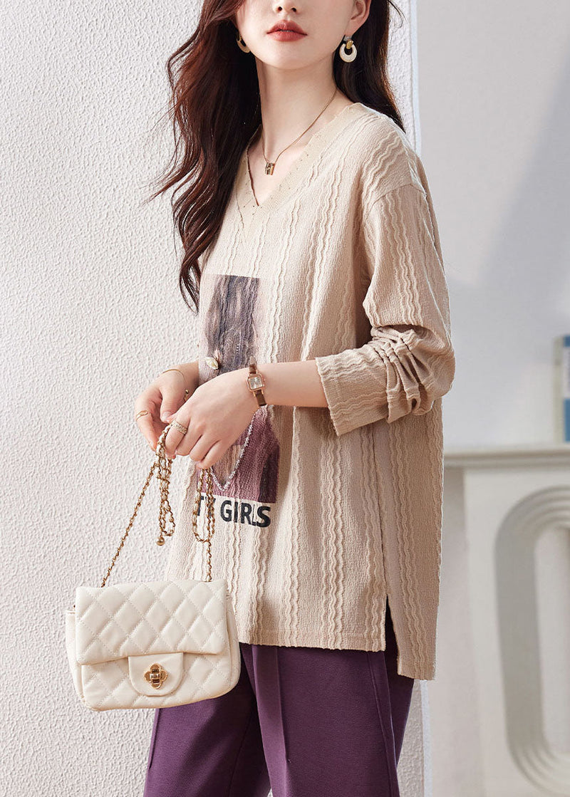 Apricot Print Patchwork Low High Design Tops Long Sleeve