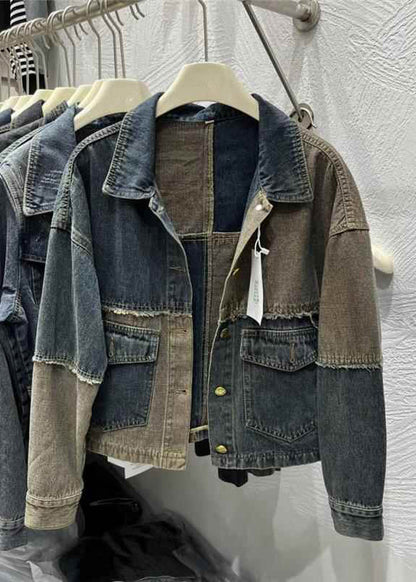 Colorblock Peter Pan Collar Button Pockets Denim Coats Fall