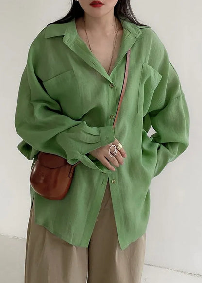 Green Button Pockets Cotton Blouses Fall