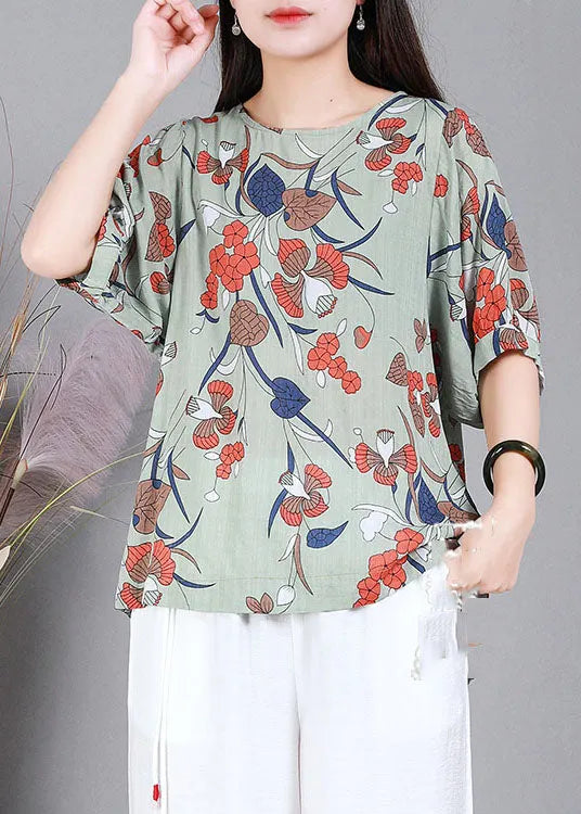 Italian Green O-neck Print Cotton Shirt Top Half Sleeve