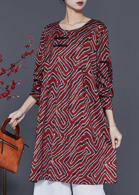 Mulberry Print Chinese Button Cotton Mid Dress Spring