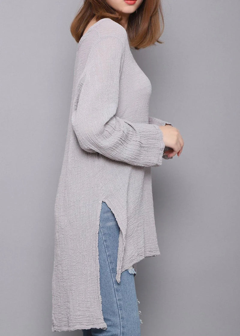 Gray U Neck Low High Design Linen Shirts Spring