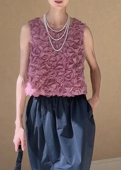 Pink O-neck Tulle Tank Sleeveless
