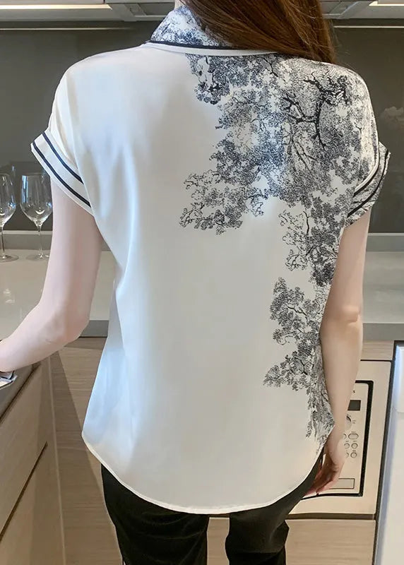 Peter Pan Collar Print Bow Silk Shirts Summer