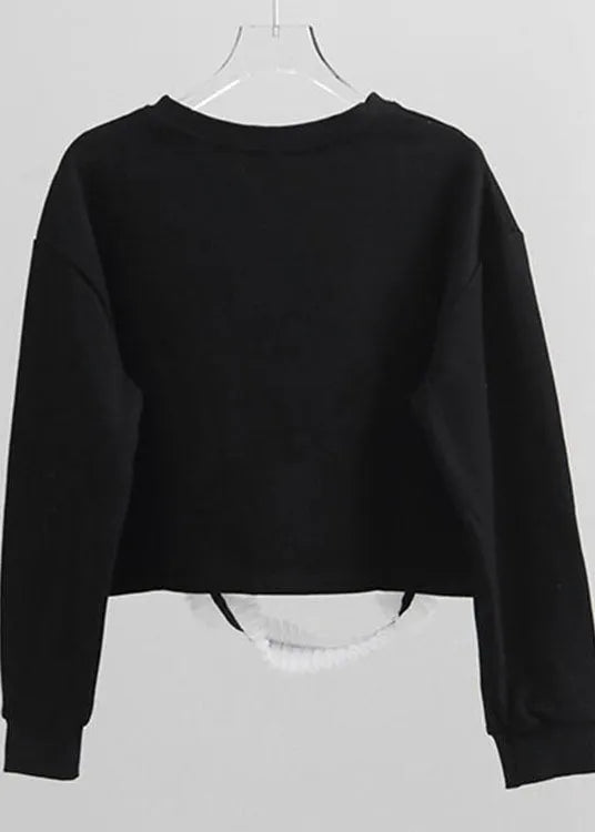 Handmade Black O-neck Tulle Patchwork Warm Fleece Pullover Street Wear Spring