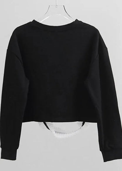 Handmade Black O-neck Tulle Patchwork Warm Fleece Pullover Street Wear Spring